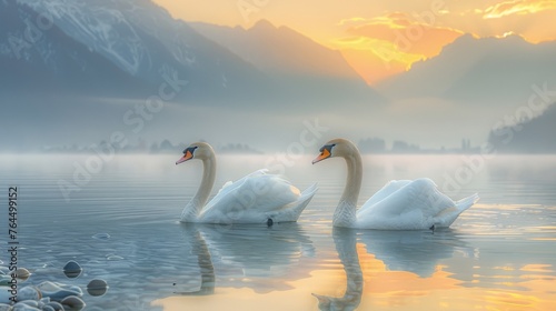  A lake with swans, foggy mountains, and rocky foreground