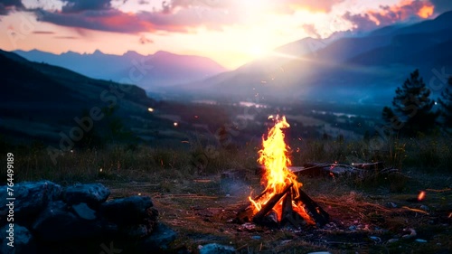 Camping scene with campfire and clouds background, animated virtual repeating seamless 4k photo