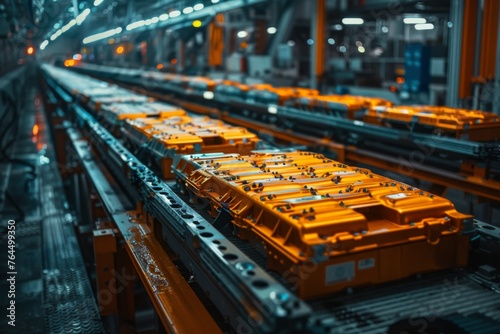Glowing battery packs move along the production line in a high-tech manufacturing plant.