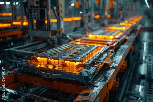 Glowing battery packs move along the production line in a high-tech manufacturing plant.