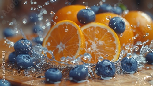  A few oranges and blueberries arranged on a cutting board  with water drizzling over them