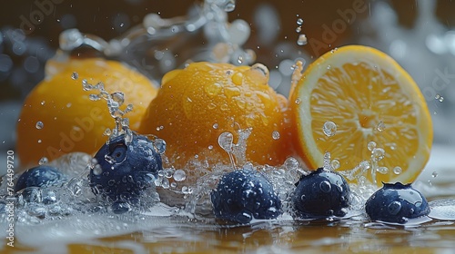  Blueberries  lemons  and oranges splash into a glass of water The glass of water splashes on them