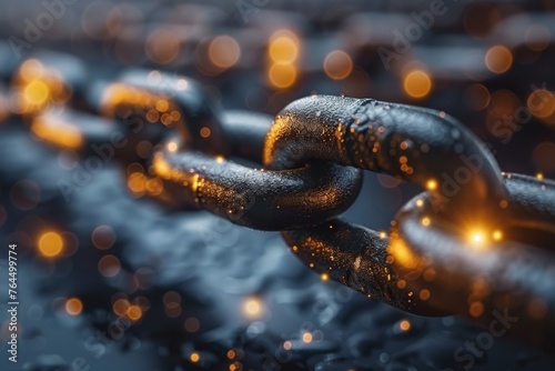 Iridescent golden blockchain chains on a textured surface symbolize digital security.