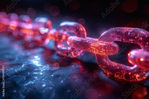Glowing red blockchain links shine with connectivity and futuristic technology.