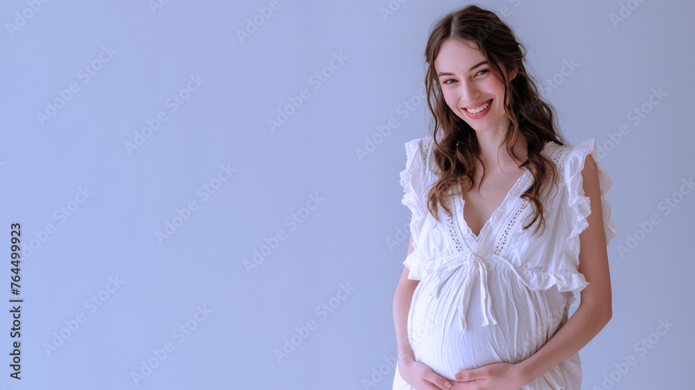 Brunette pregnant woman with pregnancy belly, in soft white clothes Brunette pregnant woman with pregnancy belly, in soft white clothes