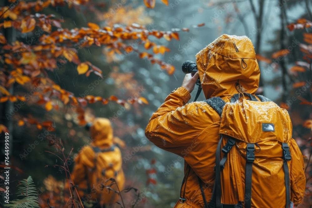 Hikers in vibrant yellow gear trek through a frosty forest under a gentle snowfall. Hikers in vibrant yellow gear trek through a frosty forest under a gentle snowfall.
