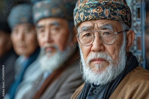 Elderly men with traditional headwear and spectacles in focused contemplation, culture-rich attire prominent. photo