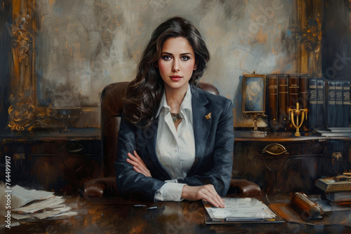 Elegant businesswoman in classic office setting with antique books and world map, symbolizing leadership, professionalism, intelligence. Professionalism, business, classic style, female empowerment.