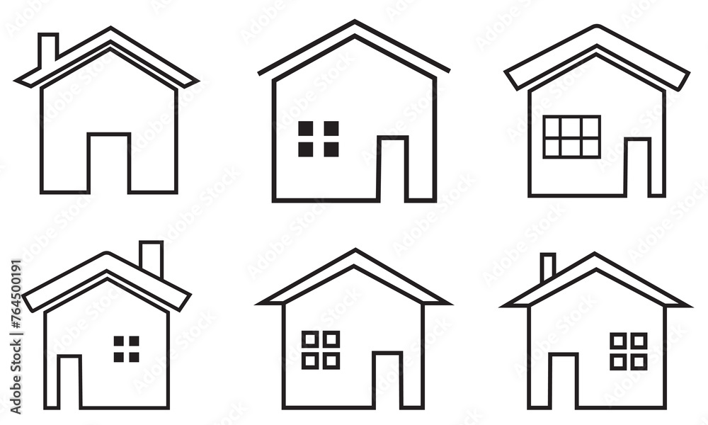 Collection home icons. House symbol. Set of real estate objects and houses black icons isolated on white background. Vector illustration. Houses icons set.