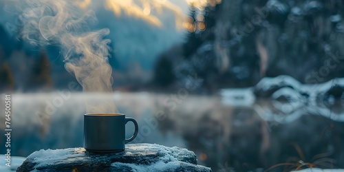 A Warm Beverage Steaming in the Serene Snowy Wilderness,Offering a Moment of Calm and Contemplation