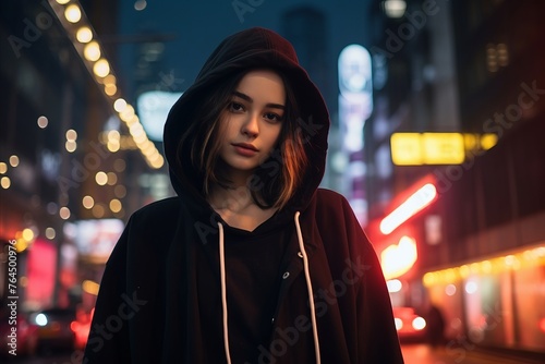 Young beautiful girl in a black hoodie in the city at night