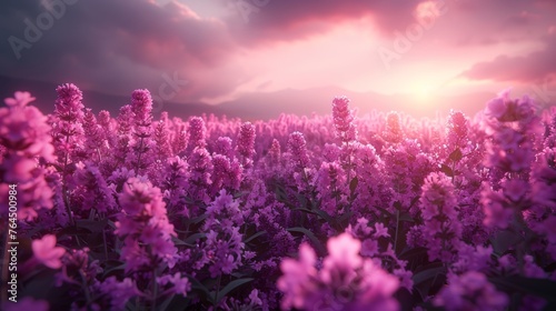  A field brimming with numerous purple blossoms beneath an overcast sky  with the sun barely visible through the cloudy horizon