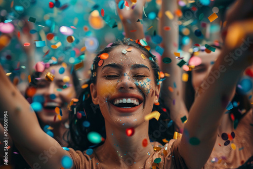 Joyful Woman Celebrating with Colorful Confetti Rain