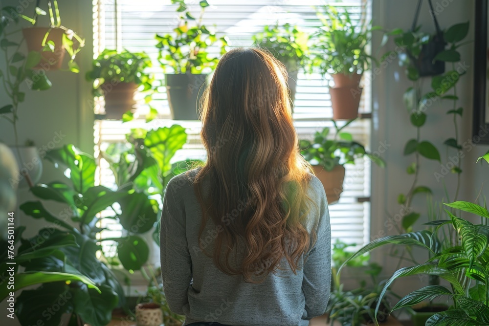 A woman gazes out from a sunlit room filled with lush houseplants. A woman gazes out from a sunlit room filled with lush houseplants.