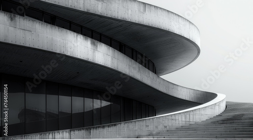 Monochrome image of fluid architectural curves of a modern building, ai generated