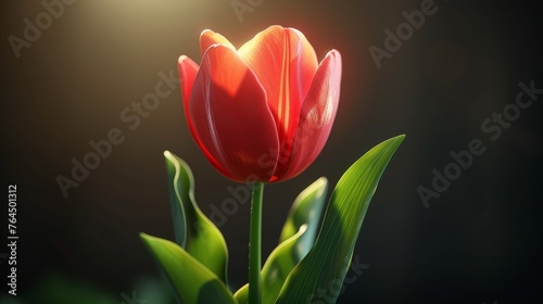  A lone crimson tulip with verdant foliage in the foreground  illuminated by an intense background light source