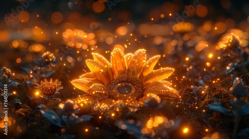  A picture of a sunflower in a field of grass lit by sunlight