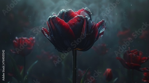  A close-up photo of a red blossom amidst a sea of red blooms, emitting smoke from its petals
