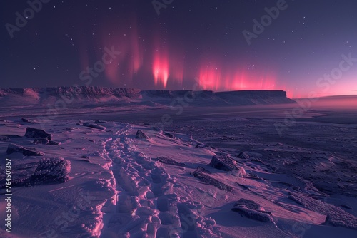 Northern lights over a snowy desert with a mountain plateau.