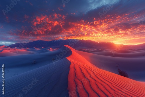 A dramatic desert sunset with a blazing sky over sand dunes.