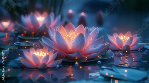  A cluster of pink water lilies bobbing atop water alongside a pond