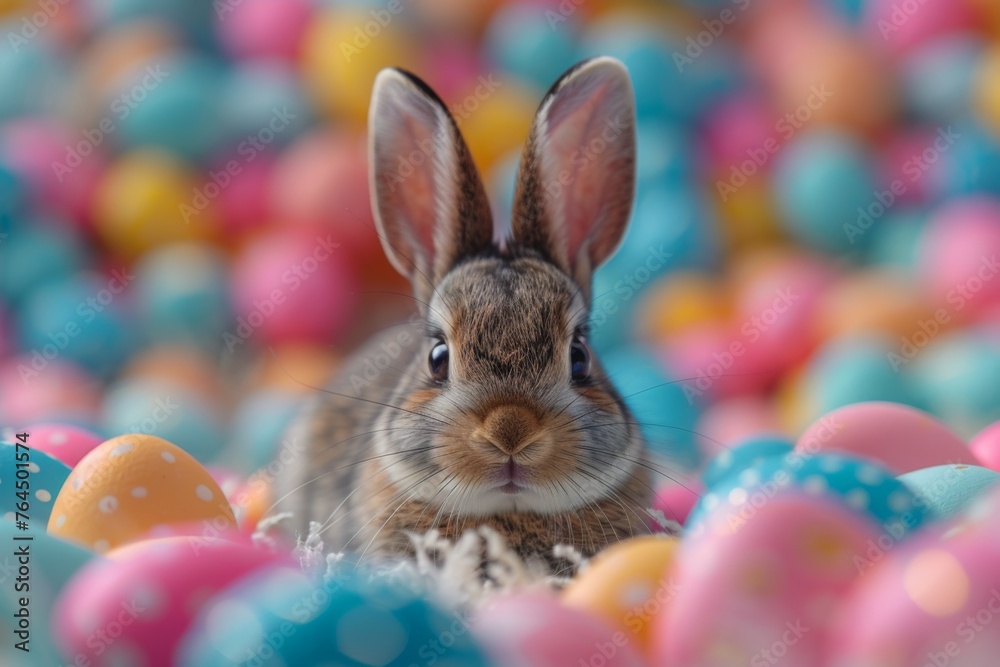 A brown rabbit surrounded by a sea of multicolored Easter eggs. A brown rabbit surrounded by a sea of multicolored Easter eggs.