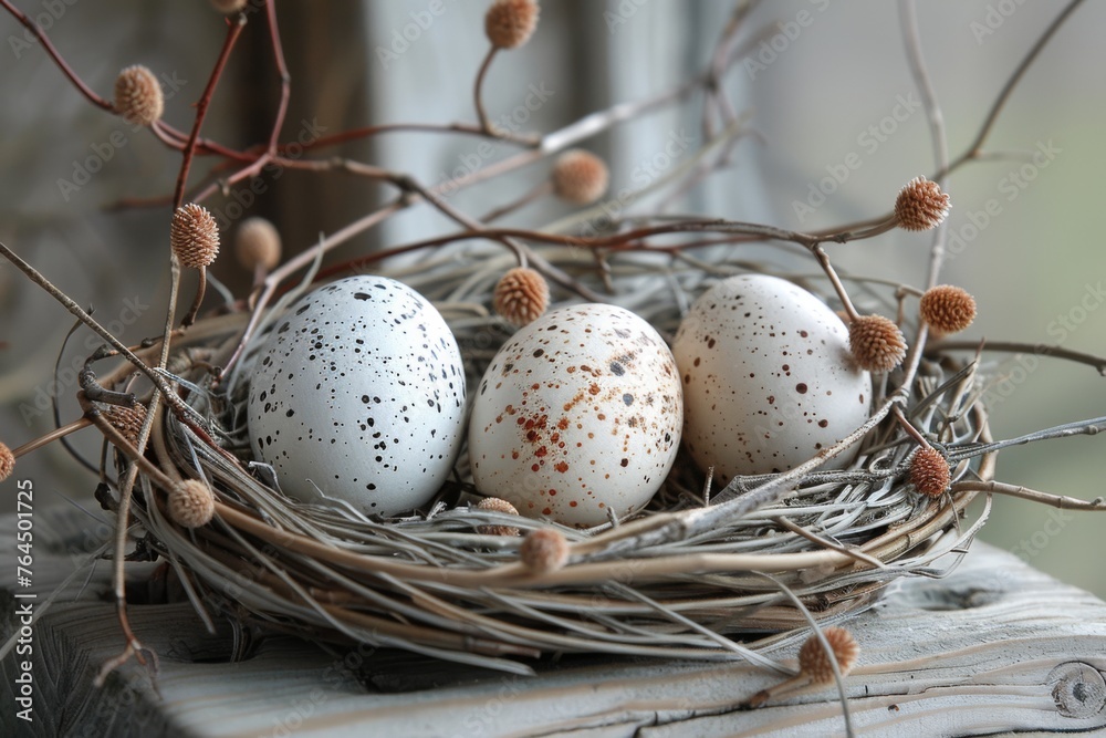 A rustic arrangement of speckled eggs in a nest with dried twigs and round buds on a wooden surface. A rustic arrangement of speckled eggs in a nest with dried twigs and round buds on a wooden surface.