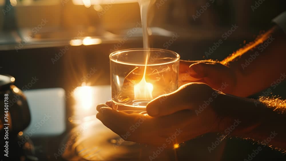 A closeup shot of a mans hand holding a glass cup its rim lit by sunlight streaming in from the window. The cup is filled with a lit cotton ball which is then ignited and A closeup shot of a mans hand holding a glass cup its rim lit by sunlight streaming in from the window. The cup is filled with a lit cotton ball which is then ignited and