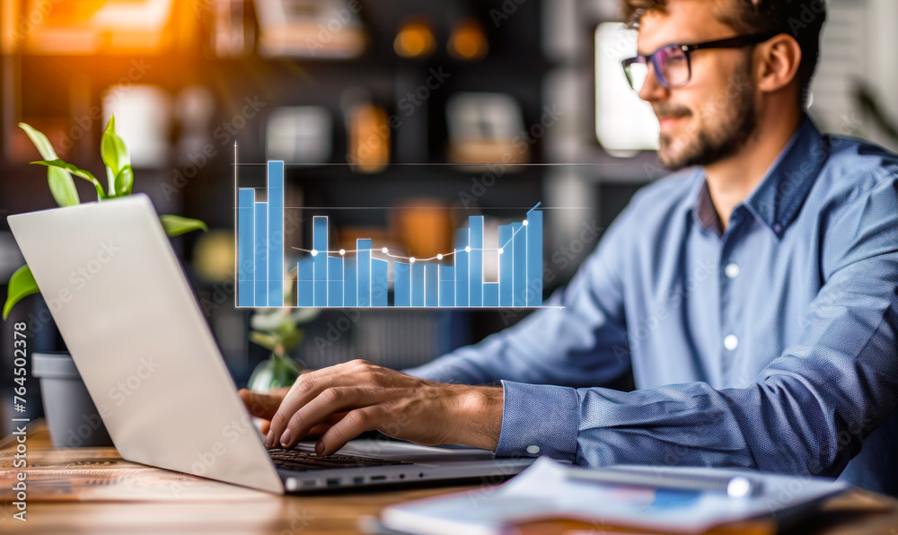 A business professional analyzing a holographic bar chart displaying increasing revenue growth, illustrating successful financial performance and profit gains through data-driven insights on a laptop A business professional analyzing a holographic bar chart displaying increasing revenue growth, illustrating successful financial performance and profit gains through data-driven insights on a laptop