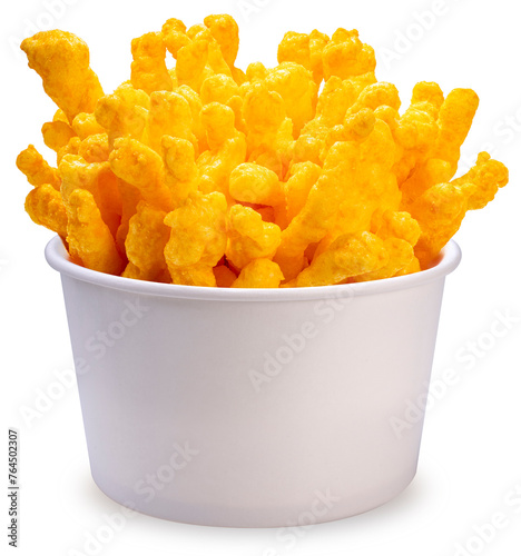 Puffed corn snacks cheesy in white bowl isolated on white background, Puff corn or Corn puffs cheese flavor on white With clipping path. 