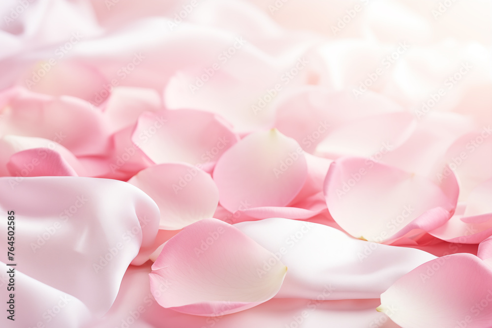 Pink roses petals on a delicate silk fabric, backdrop.