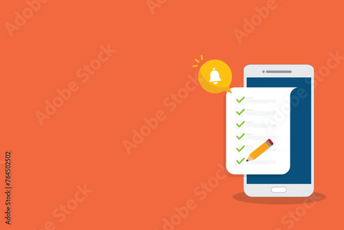 Checklist. Check list document on smartphone, smartphone with paper check list and to do list with checkboxes, concept of survey, online quiz, completed things or done test, feedback. 