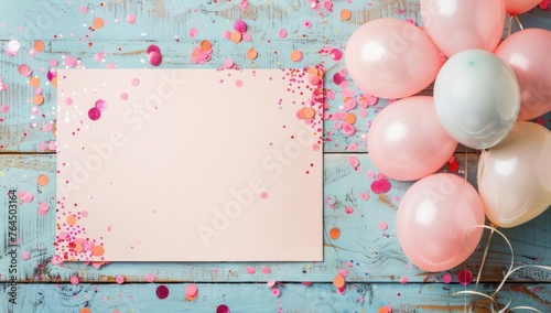Colorful Balloons and Blank Card on Table