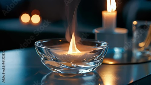 A glass cup filled with a smoky substance being heated with a flame before being quickly p on the skin creating a vacuum effect that pulls out toxins and promotes healing. photo