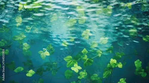 Green leaves on the surface of the water. Beautiful background with water ripples for product presentation. Summer refreshing background.