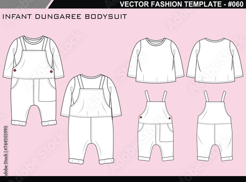 TECH PACK INFANT BOYS CREW NECK DUNGAREE TOP AND BOTTOM SET FASHION EASY EDITABLE TECHNICAL FLAT SKETCH ILLUSTRATION DESIGN.eps