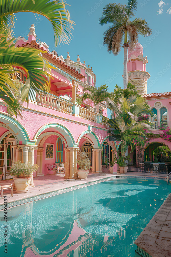 A large pink house with a pool, surrounded by trees and azure sky