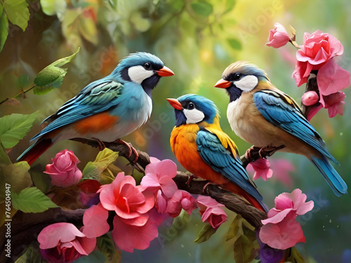Birds on a branch discover the colorful avain harmony of nature © MuhammadBaqar