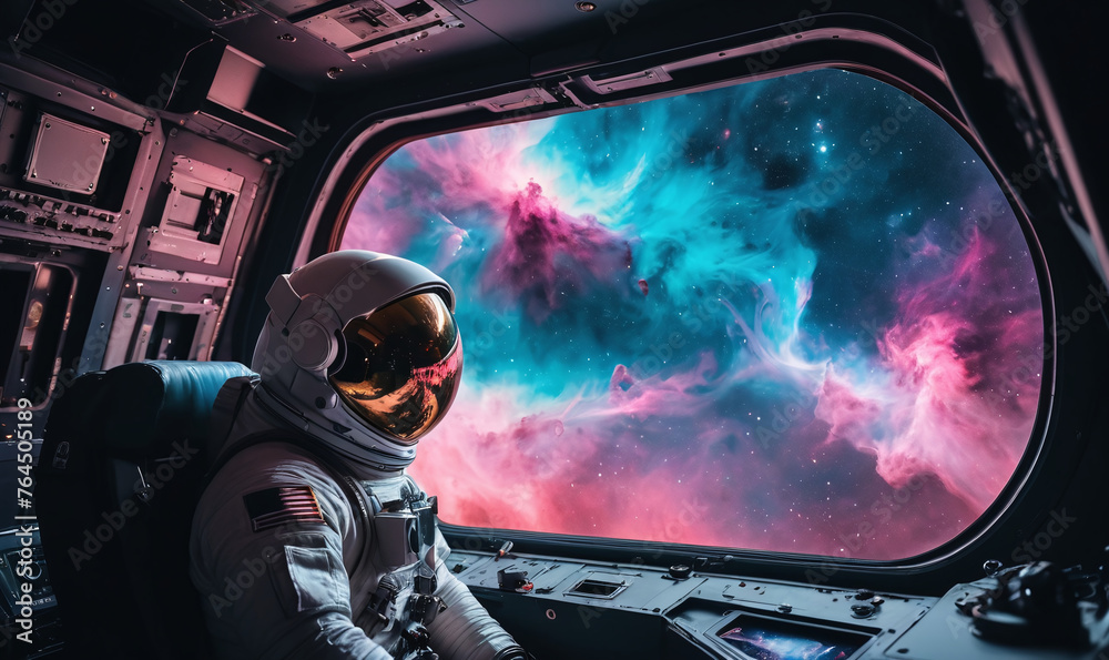 cockpit of a spacecraft, a lone astronaut gazes out the window at the breathtaking sight of a nearby nebula, vibrant colors swirling in the vastness of space, accompanied by a mix of excitement and se