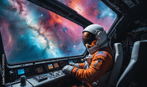 cockpit of a spacecraft, a lone astronaut gazes out the window at the breathtaking sight of a nearby nebula, vibrant colors swirling in the vastness of space, accompanied by a mix of excitement and se photo