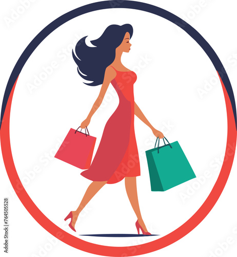 Fashionable elegant woman carrying shopping bags after a successful shopping trip. In her hands you can see bright bags on which you can add your logos. Color vector illustration.