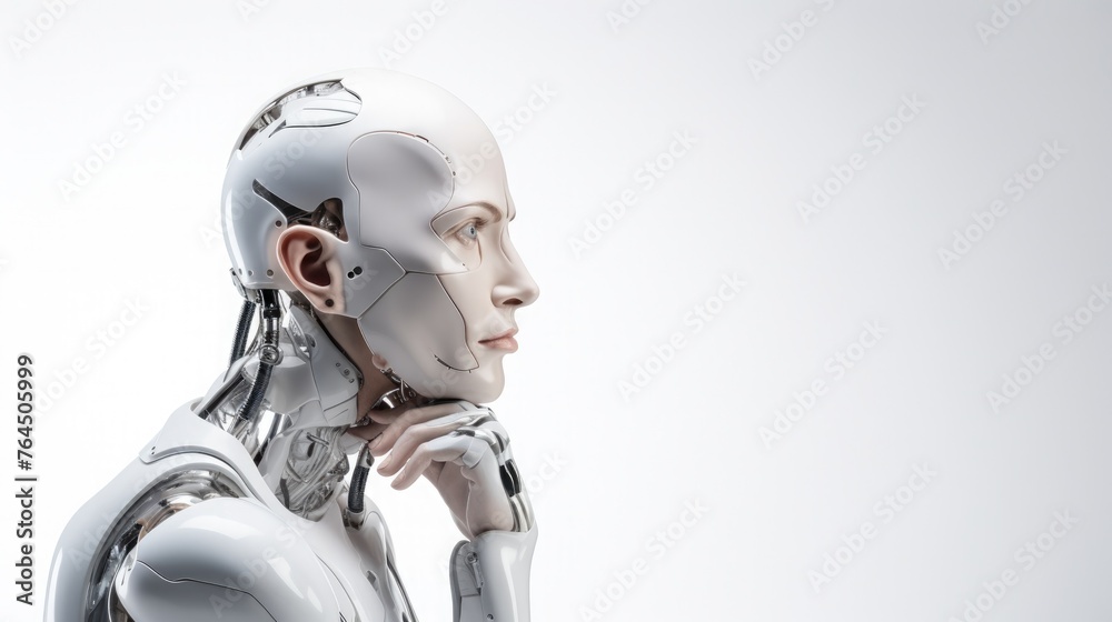 humanoid robot thinking on white background,Pondering the future