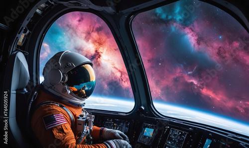 cockpit of a spacecraft, a lone astronaut gazes out the window at the breathtaking sight of a nearby nebula, vibrant colors swirling in the vastness of space, accompanied by a mix of excitement and se © rodrigo