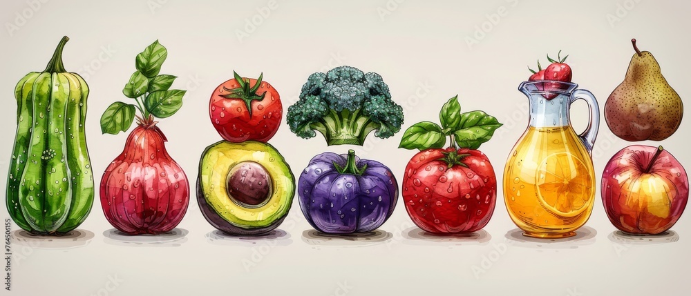 Modern illustrations of food and vegetables: dishes, kiwi, broccoli, pumpkin, eggplant, avocado, pear, tomato, teapot, still life, etc. Illustrations for posters, cards, and backgrounds. - obrazy, fototapety, plakaty 