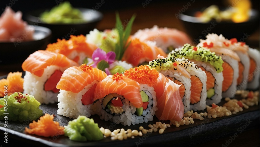 A vibrant array of sushi rolls artfully presented with fresh garnishes and diverse flavors, perfect for any sushi lover A vibrant array of sushi rolls artfully presented with fresh garnishes and diverse flavors, perfect for any sushi lover