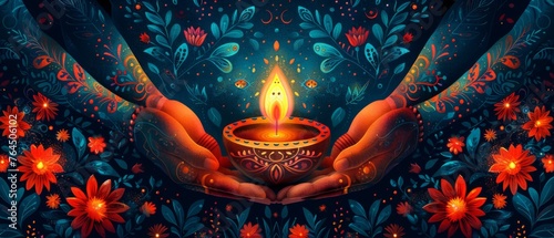 The Indian festival of lights. Modern abstract flat illustration for the holiday, lights, hands, Indian people, women, and other objects for background or poster.