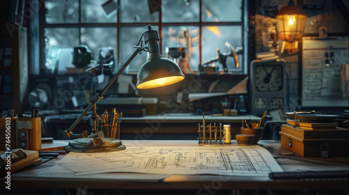 A well-organized vintage workspace illuminated by a classic desk lamp, featuring engineering blueprints, drafting tools, and various neatly arranged office supplies. photo