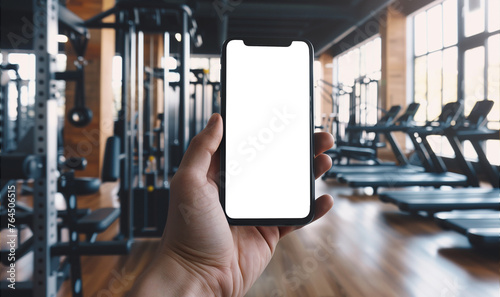 mockup hand holding a smartphone with transparent background with a gym blurred in the back   photo