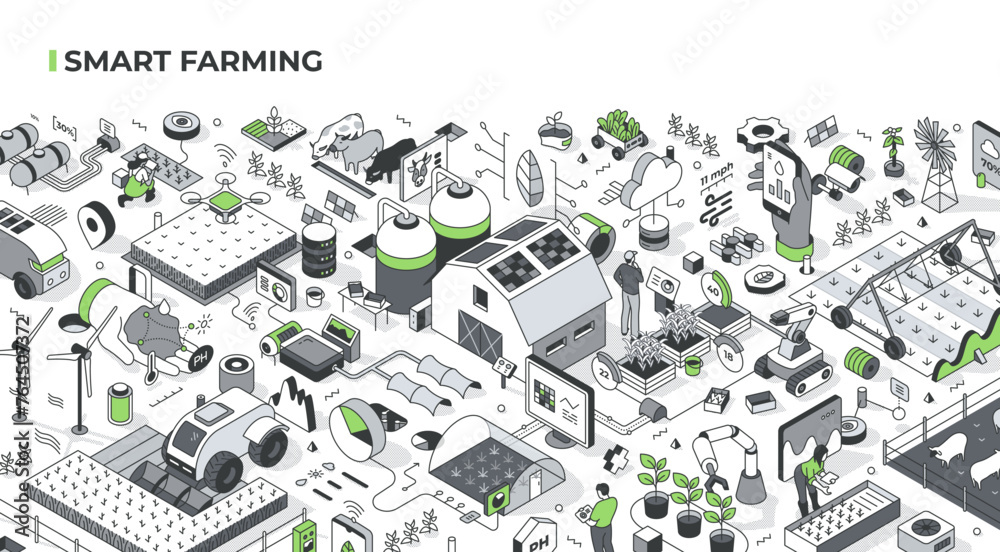 Smart farming isometric illustration showcase innovative farming techniques: robotics, autonomous vehicle, remote control, drones usage, AI , and weather monitoring. Modern agriculture practices - obrazy, fototapety, plakaty 