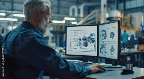 In the modern factory, an engineer is using three computer monitors to design and plan designed parts on helmet mounted cameras in industrial environments #764507322